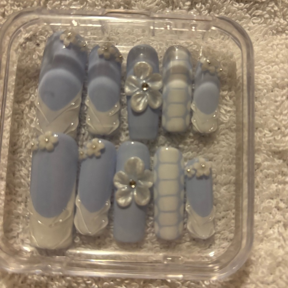 Blue and White Floral Press-On Nails